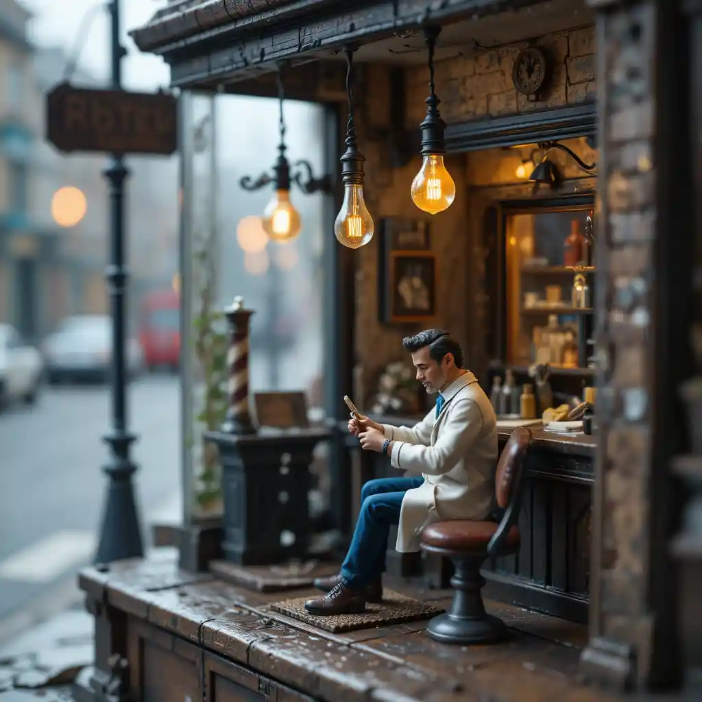 Miniature barber shop diorama lit by a single warm bulb