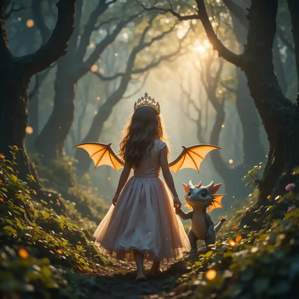 Young princess and baby dragon in enchanted forest