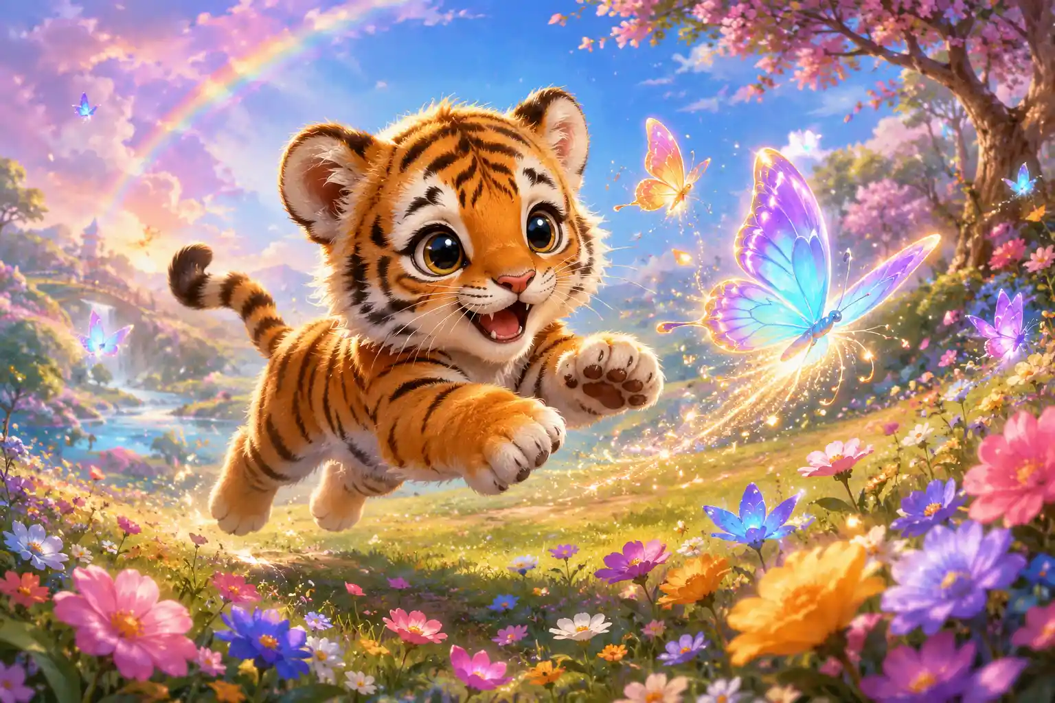 Cute tiger cub chasing glowing butterflies in pastel meadow
