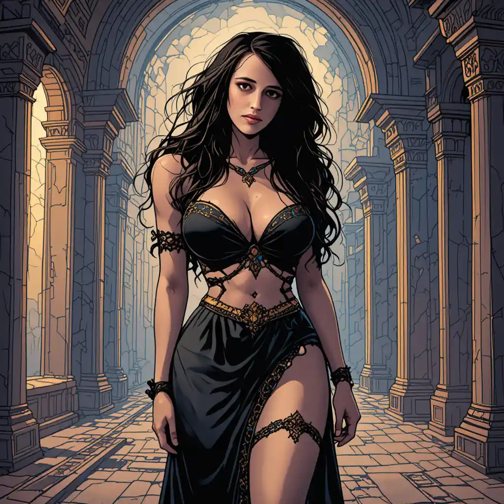 Curvy woman in black lingerie in an arabian palace