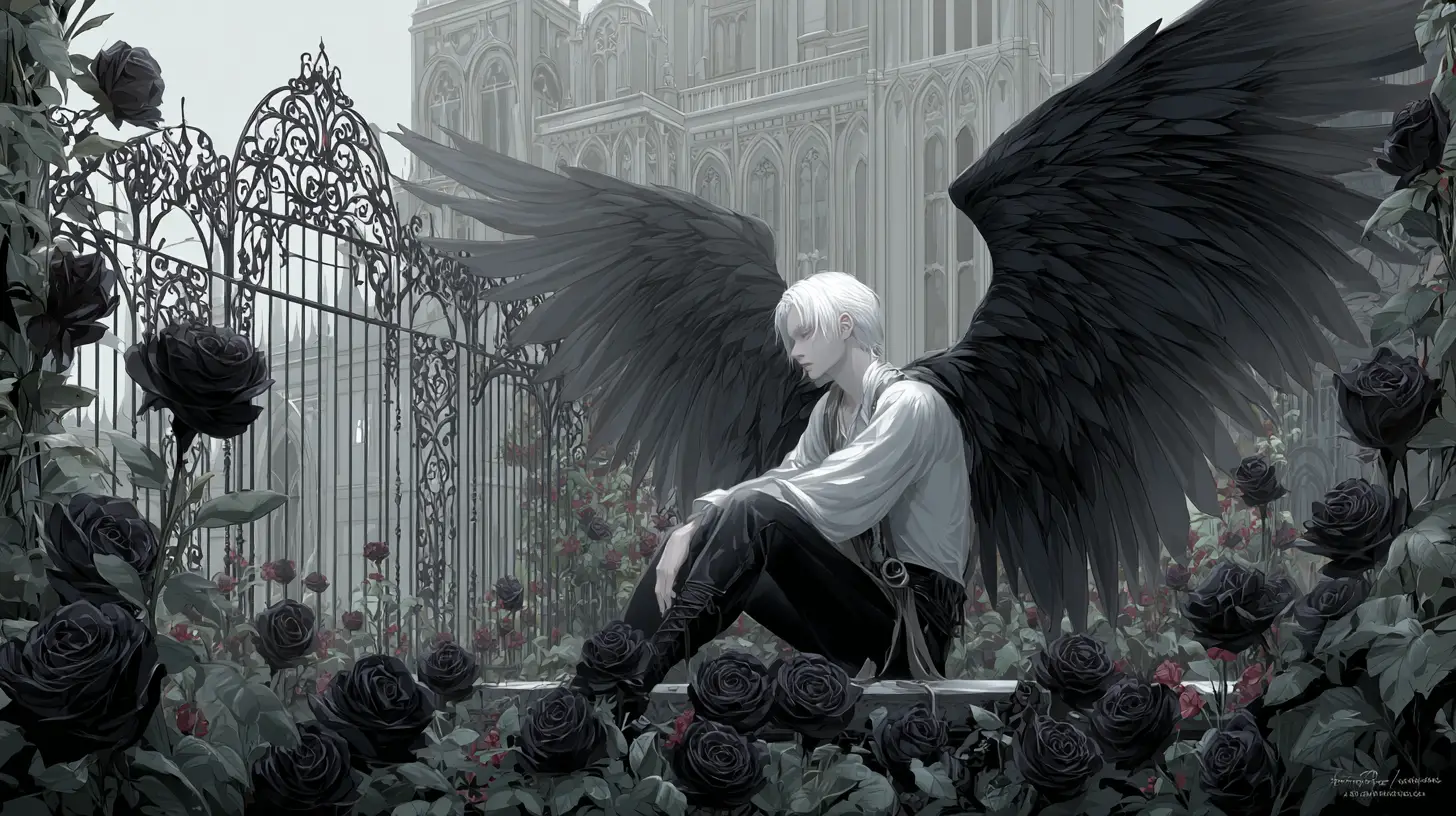White haired angel with black wings in a rose garden