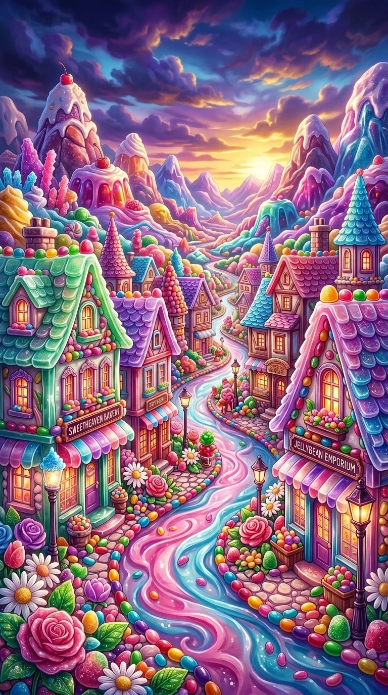Whimsical jelly village street glowing with dramatic light