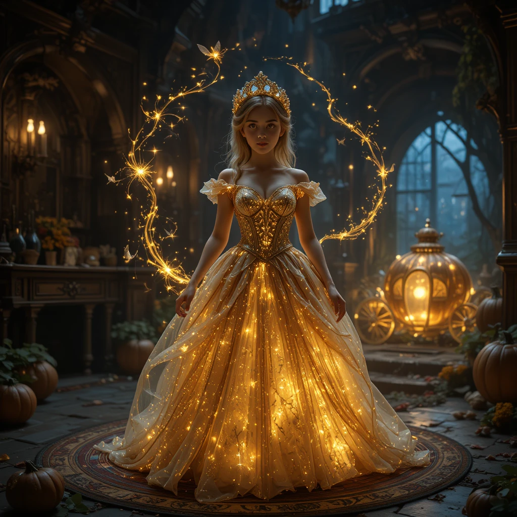 Village girl transforming into princess in glowing magic room