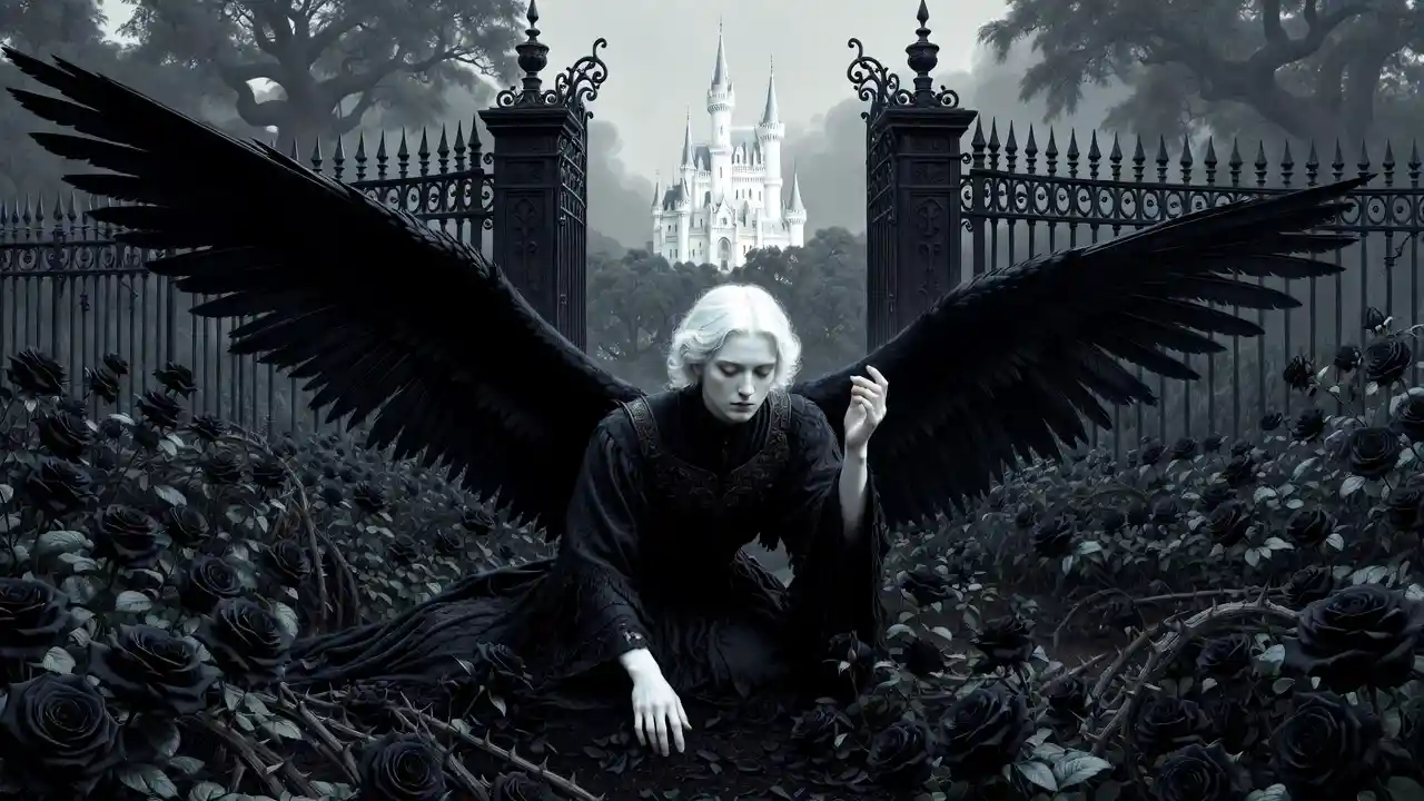 Punk angel resting among black roses in a dark garden