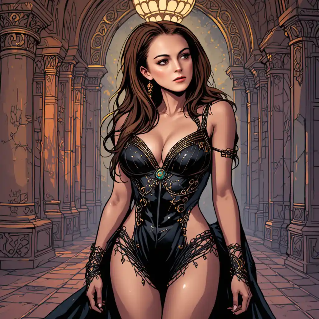 Curvy woman in black lingerie at ornate Arabian palace