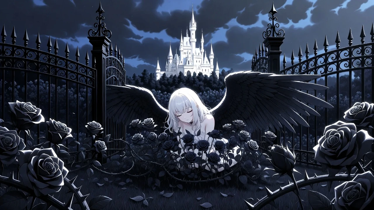 Pale punk angel resting among black roses in a garden