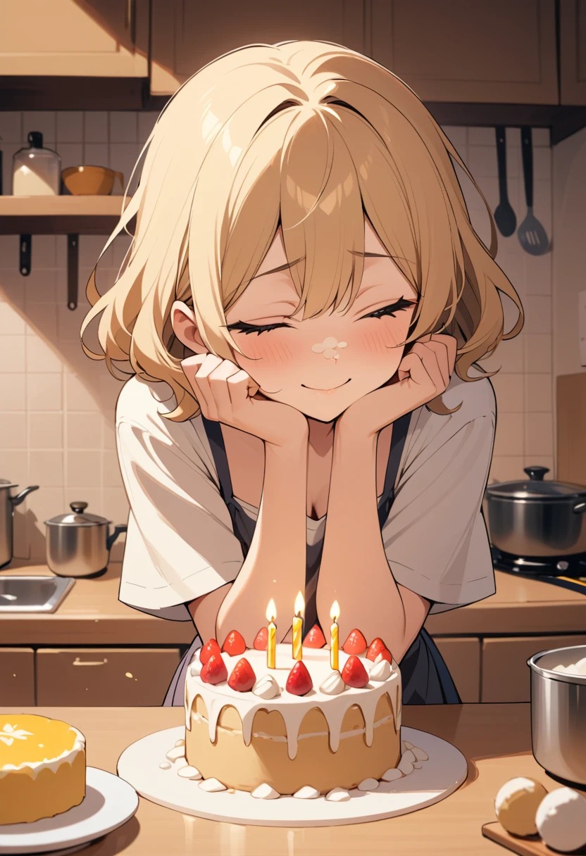 ひとりで自分のバースデーケーキを焼く若い女性
