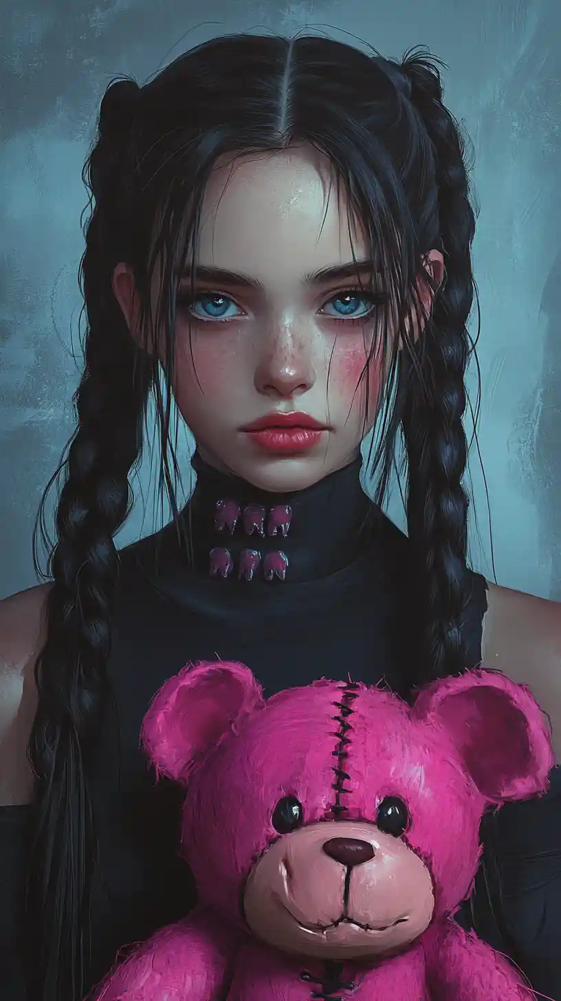 Gothic anime girl holding a distressed pink teddy bear