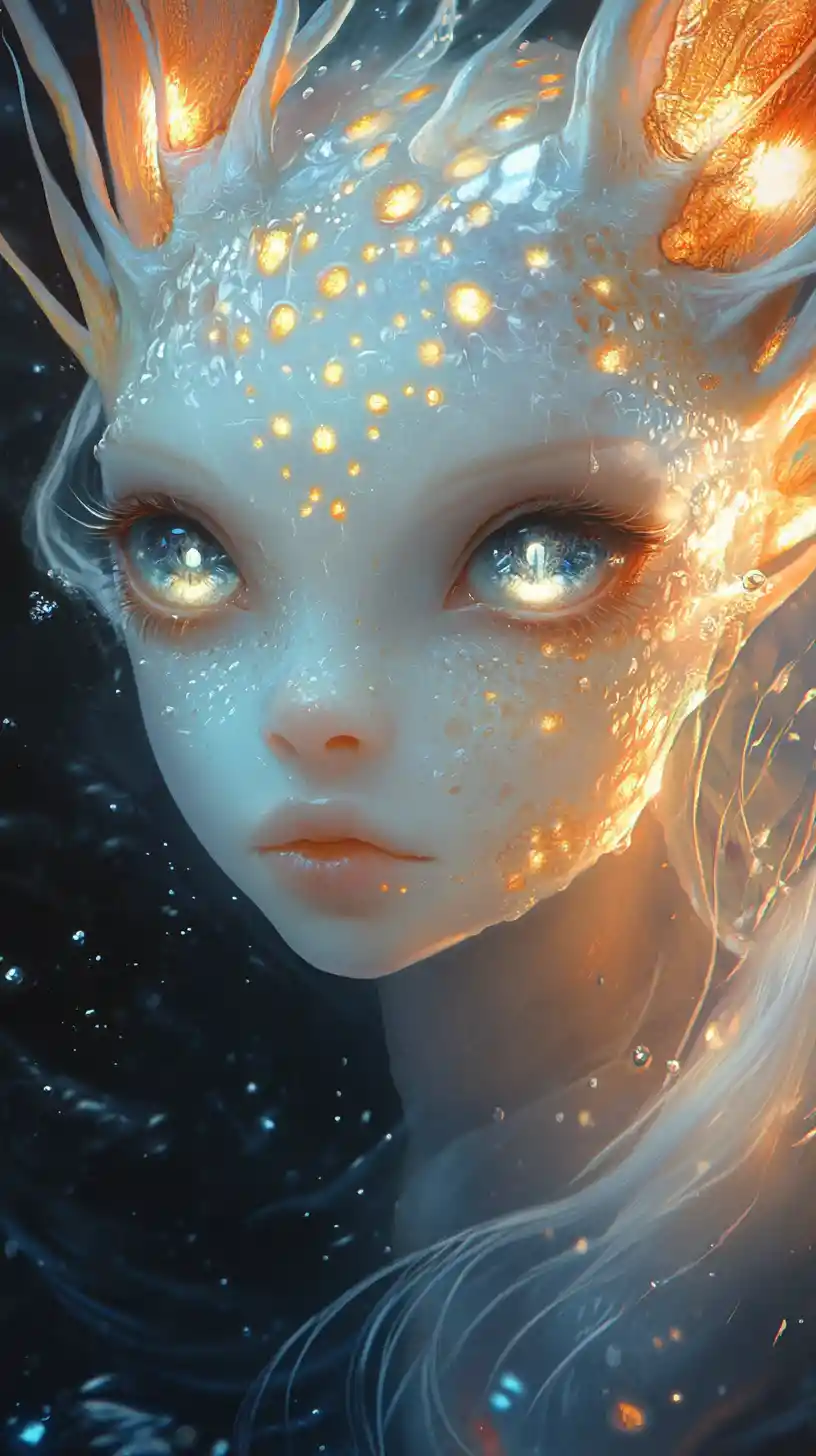 Ätherische albinohafte Wasserfrau mit leuchtend blauen Augen