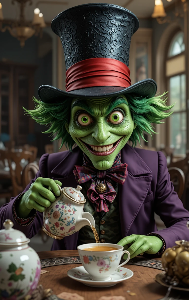Green mad hatter pouring tea at a dining table
