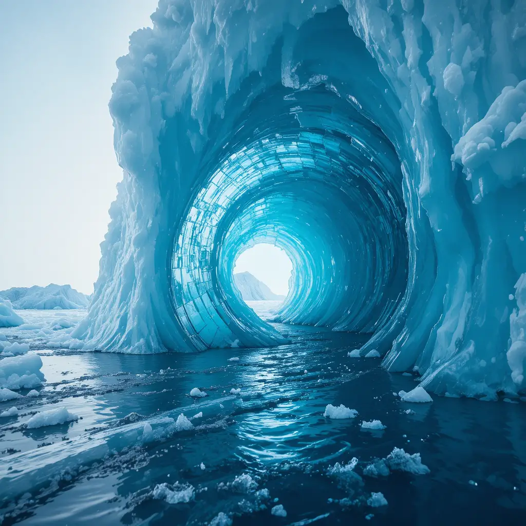 Surreal view inside a glowing iceberg with frozen ocean wave