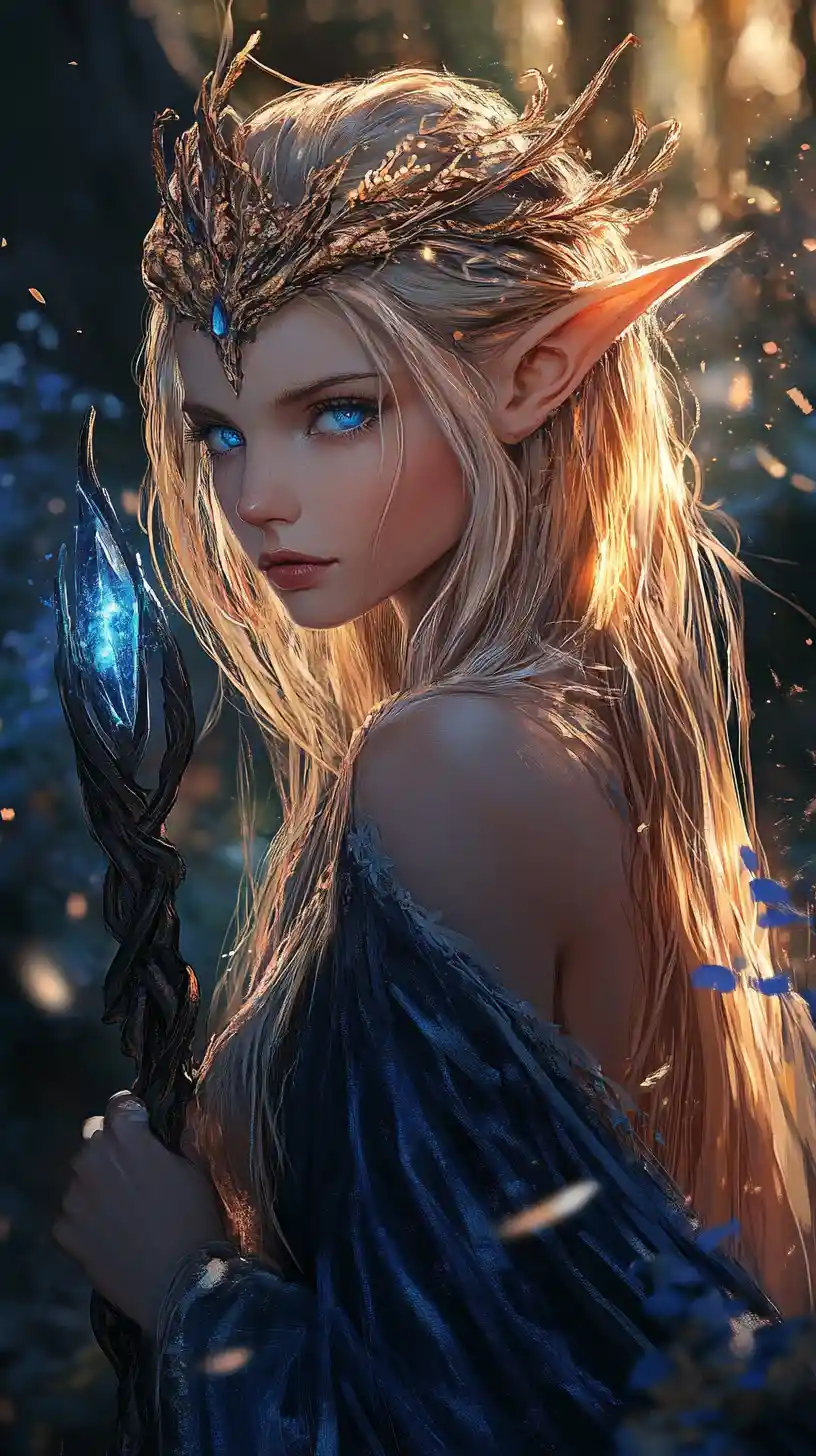 Majestic elf sorceress in a glowing enchanted forest