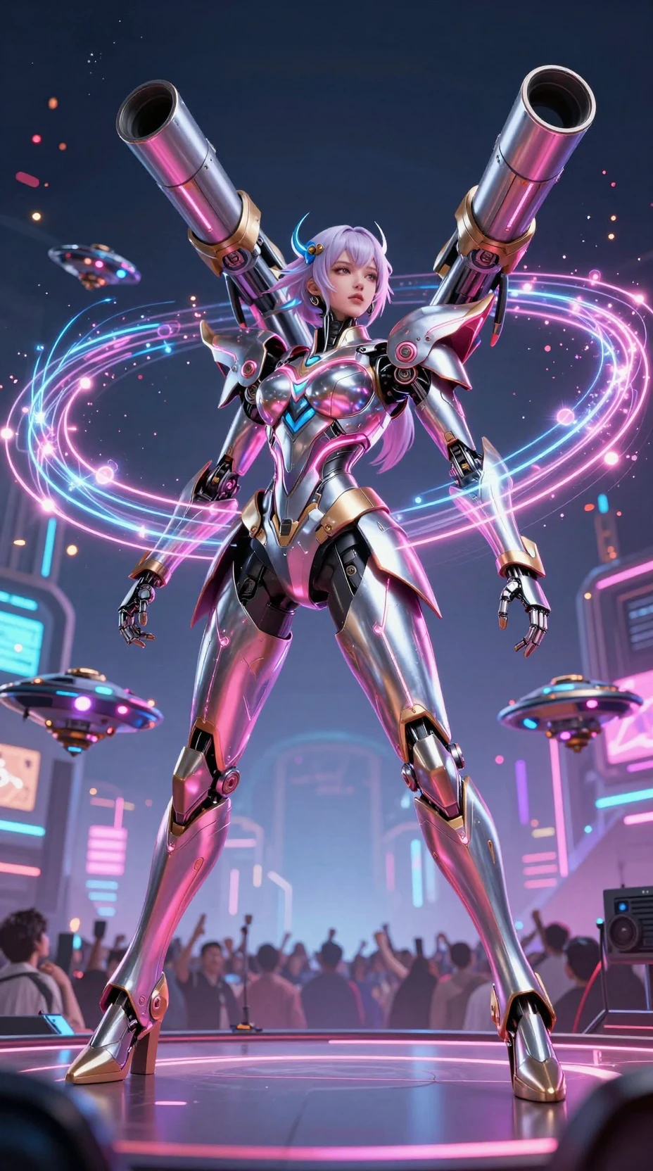 Futuristic mech idol warrior on neon battlefield stage