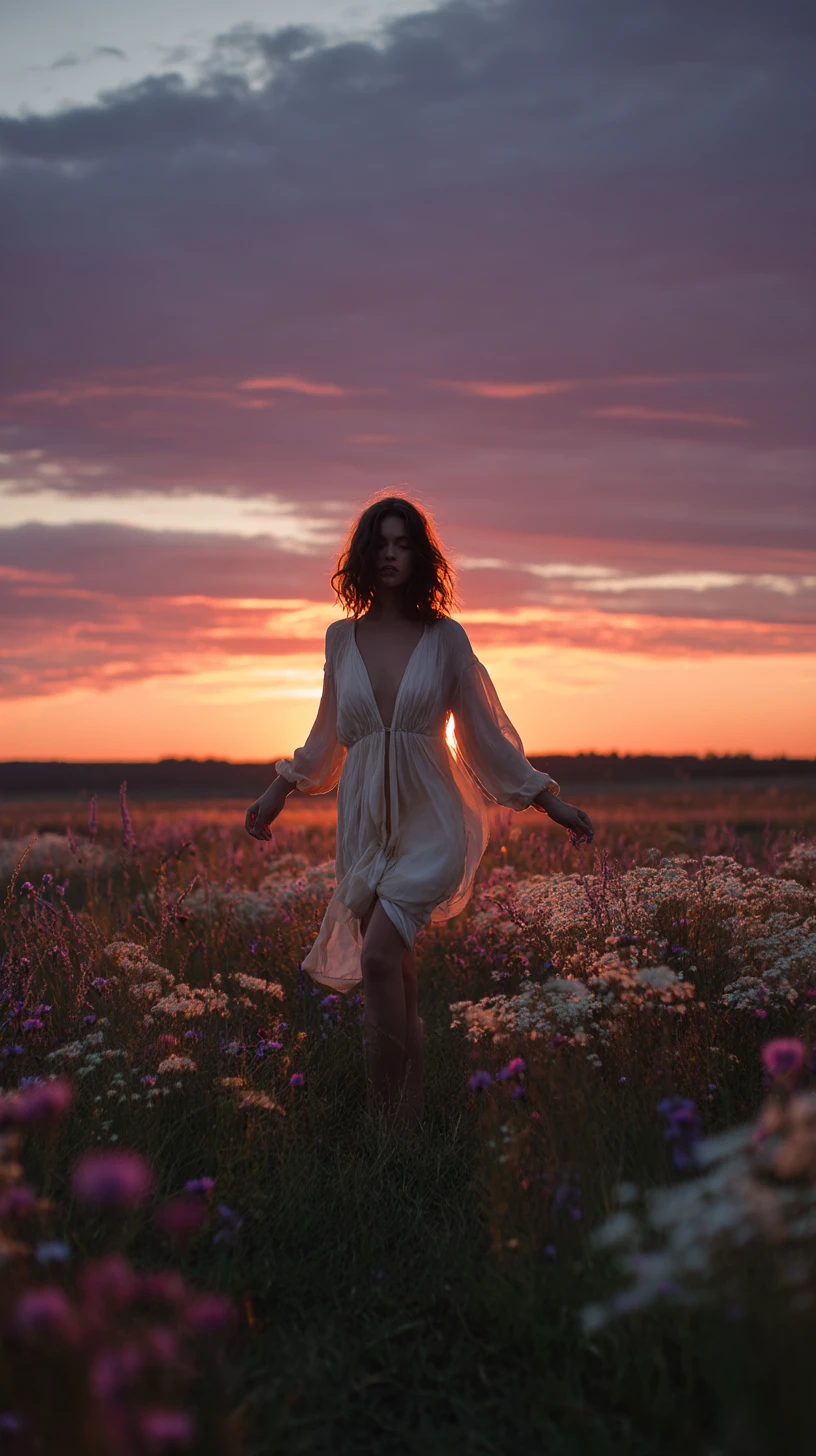 Woman walking through wildflowers in soft dusk light