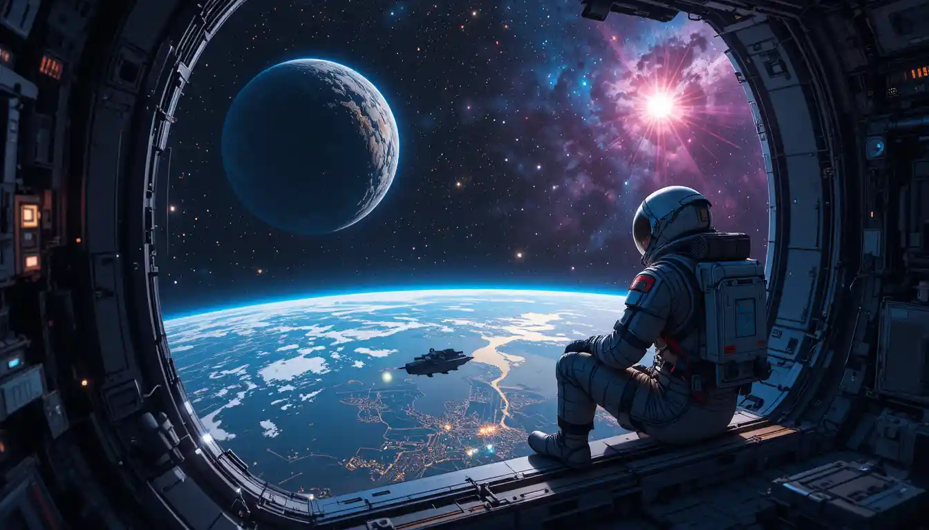 Astronaute observant la Terre depuis le hublot de la station spatiale