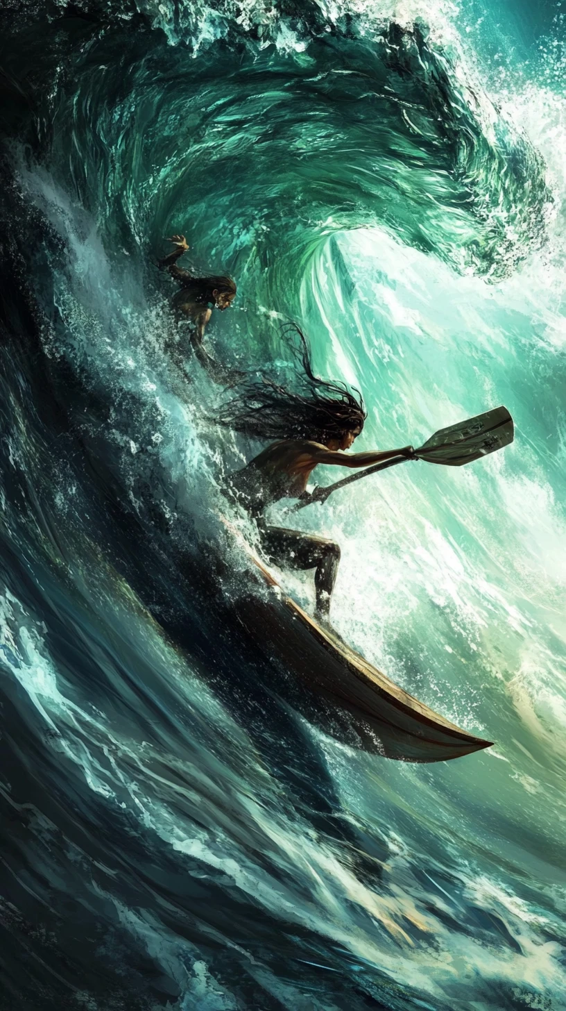 Man riding a powerful ocean wave with dynamic motion