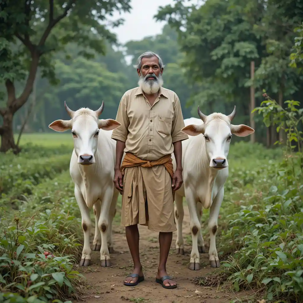 Village farmer in lungi walking to his rural farm