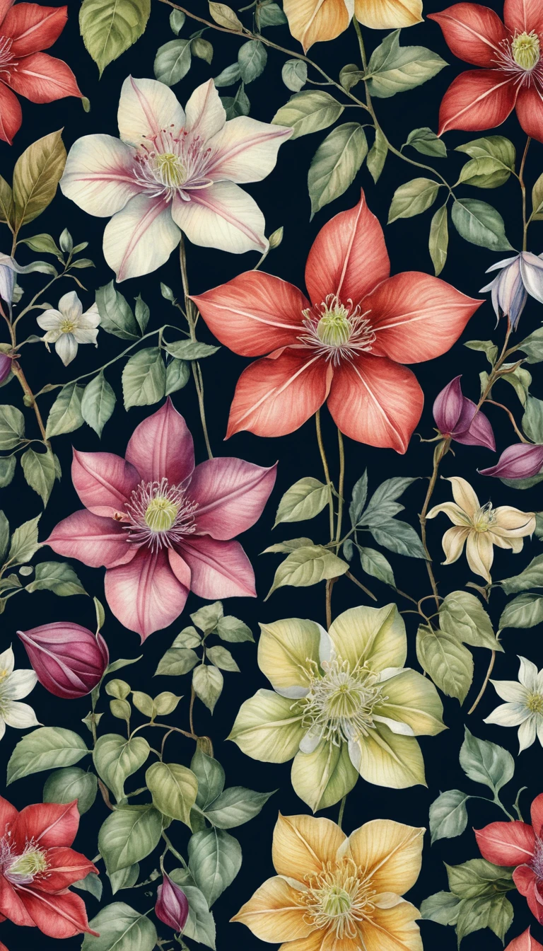 Colorful watercolor illustration flyer of blooming clematis flowers