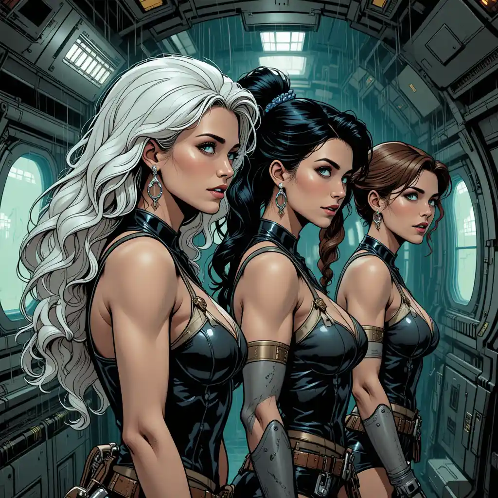Three female scoundrels inside a dim vintage spaceship