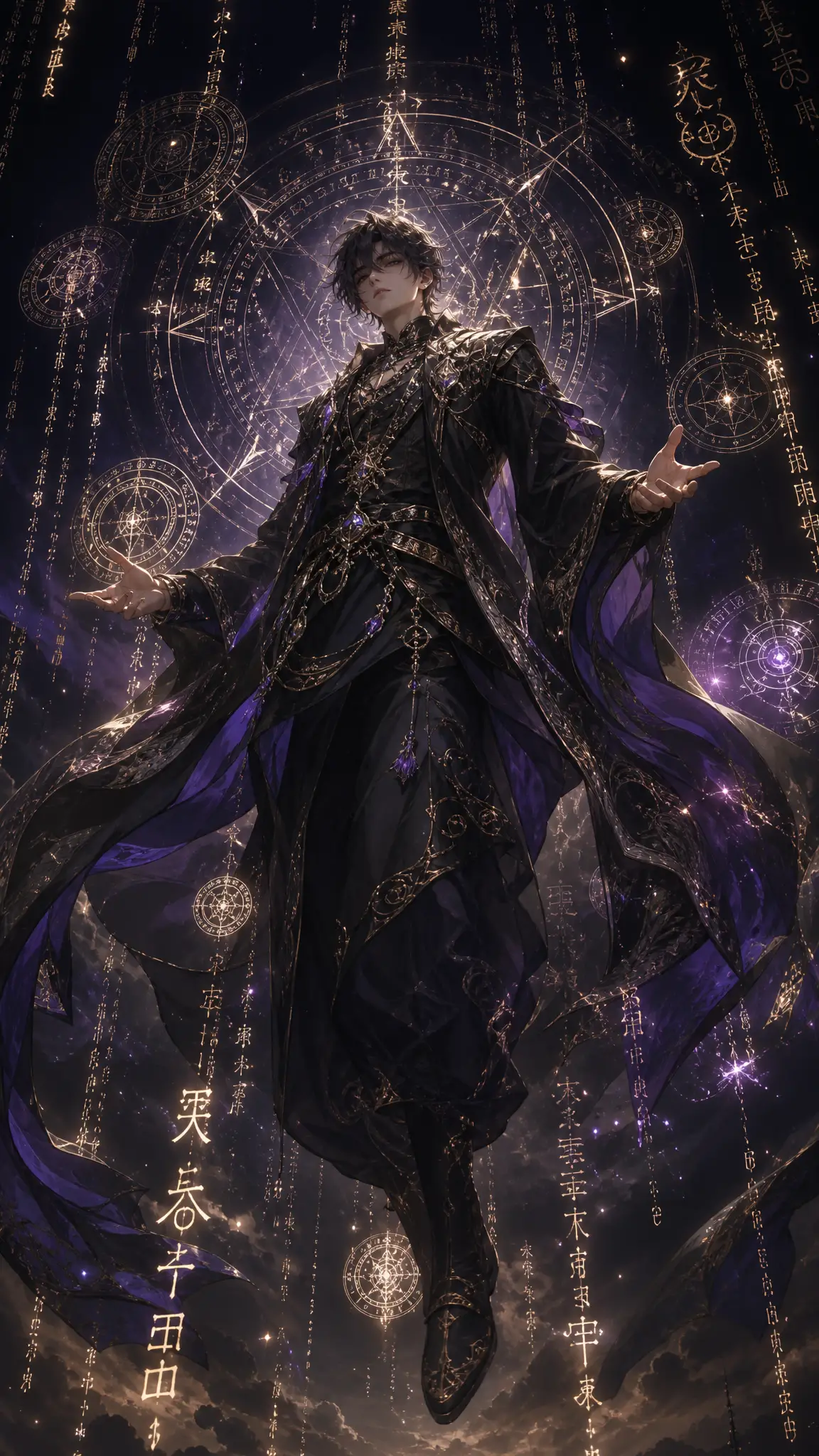Young man floating before glowing magical circles and glyphs