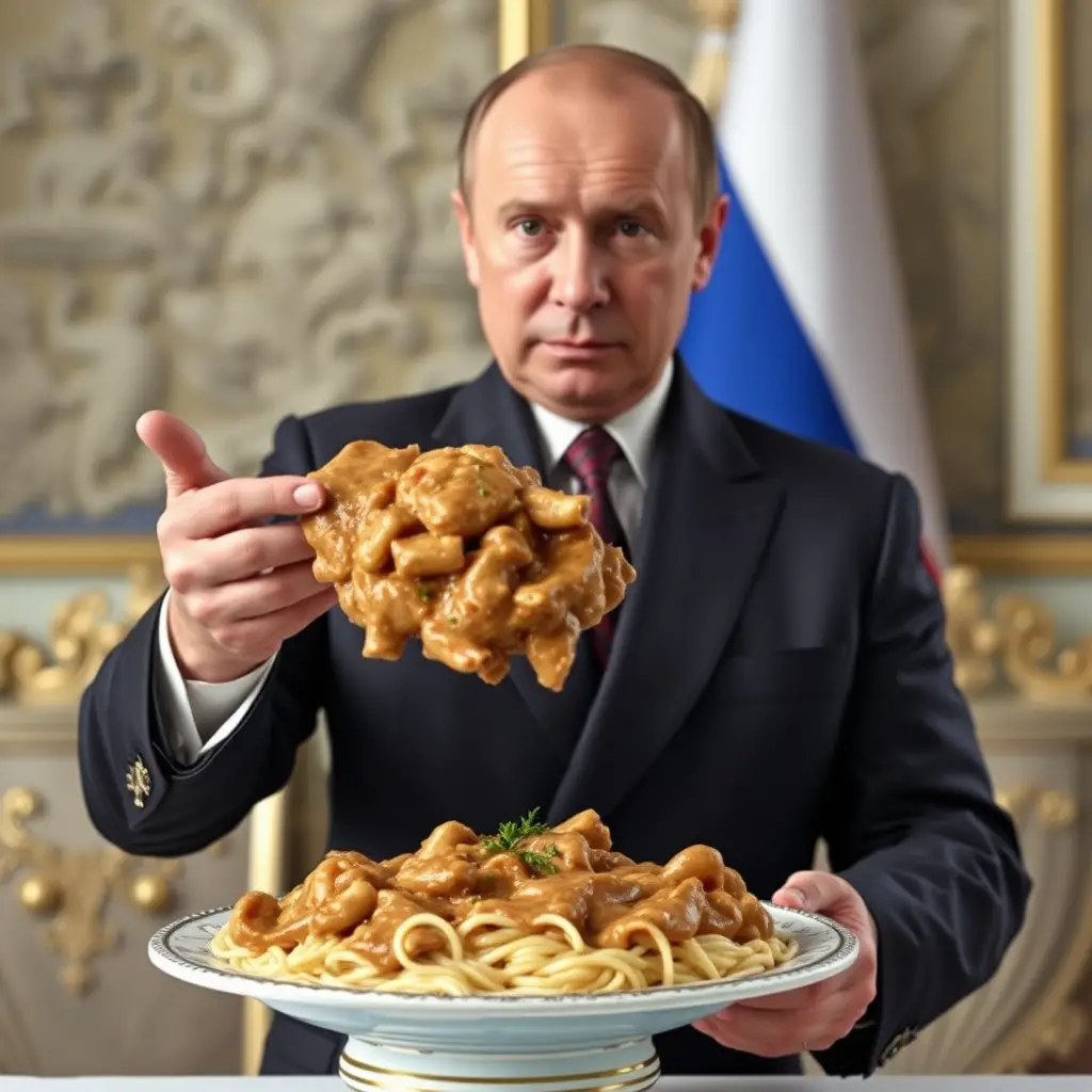 Politician presenting a plate of hearty meat stew