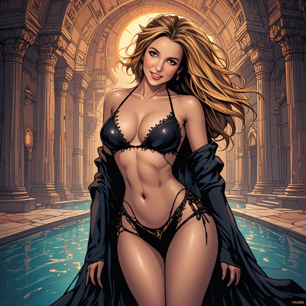 Curvy woman in black lingerie at ornate palace balcony