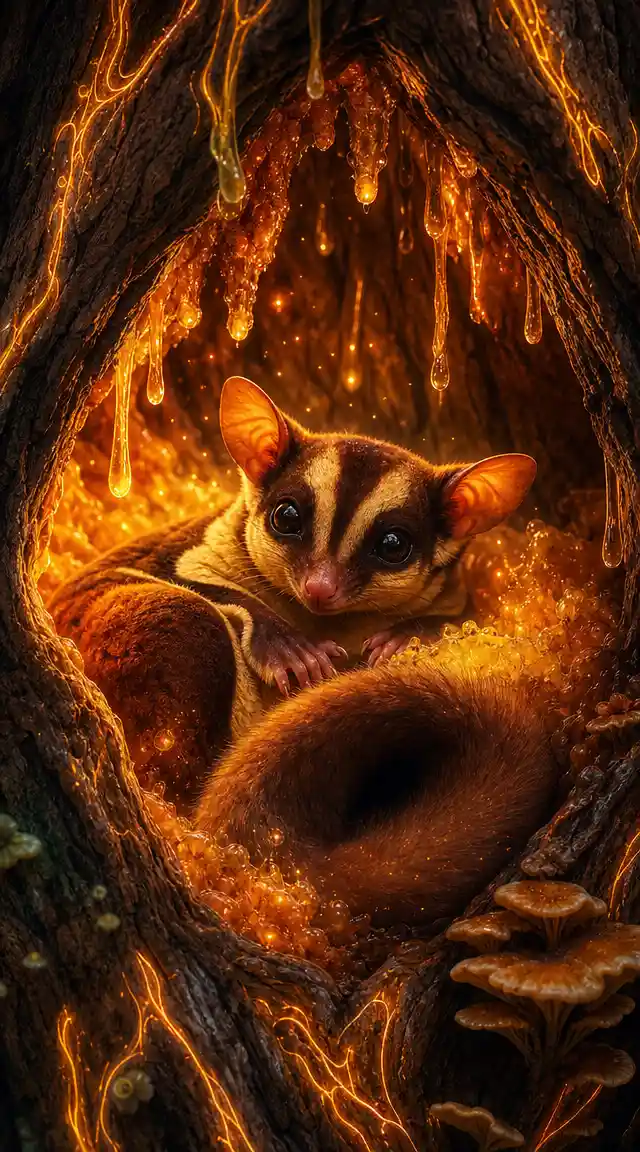 Mahogany glider resting in glowing hollow tree sanctuary