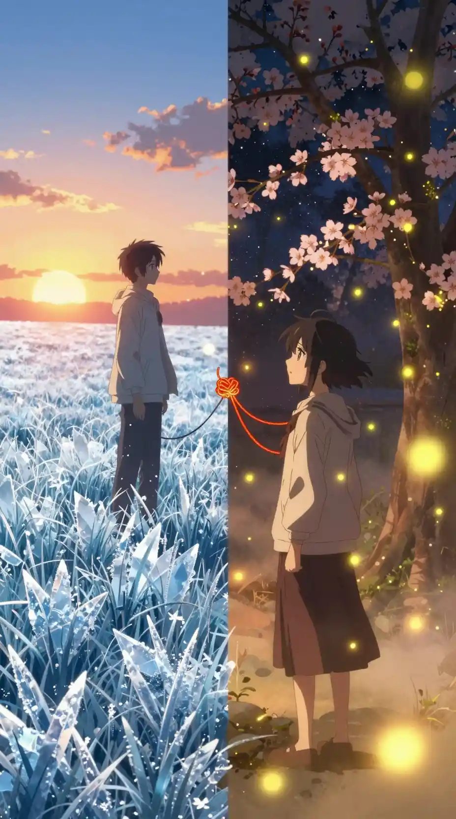 Cinematic anime split scene of fire and ice landscapes