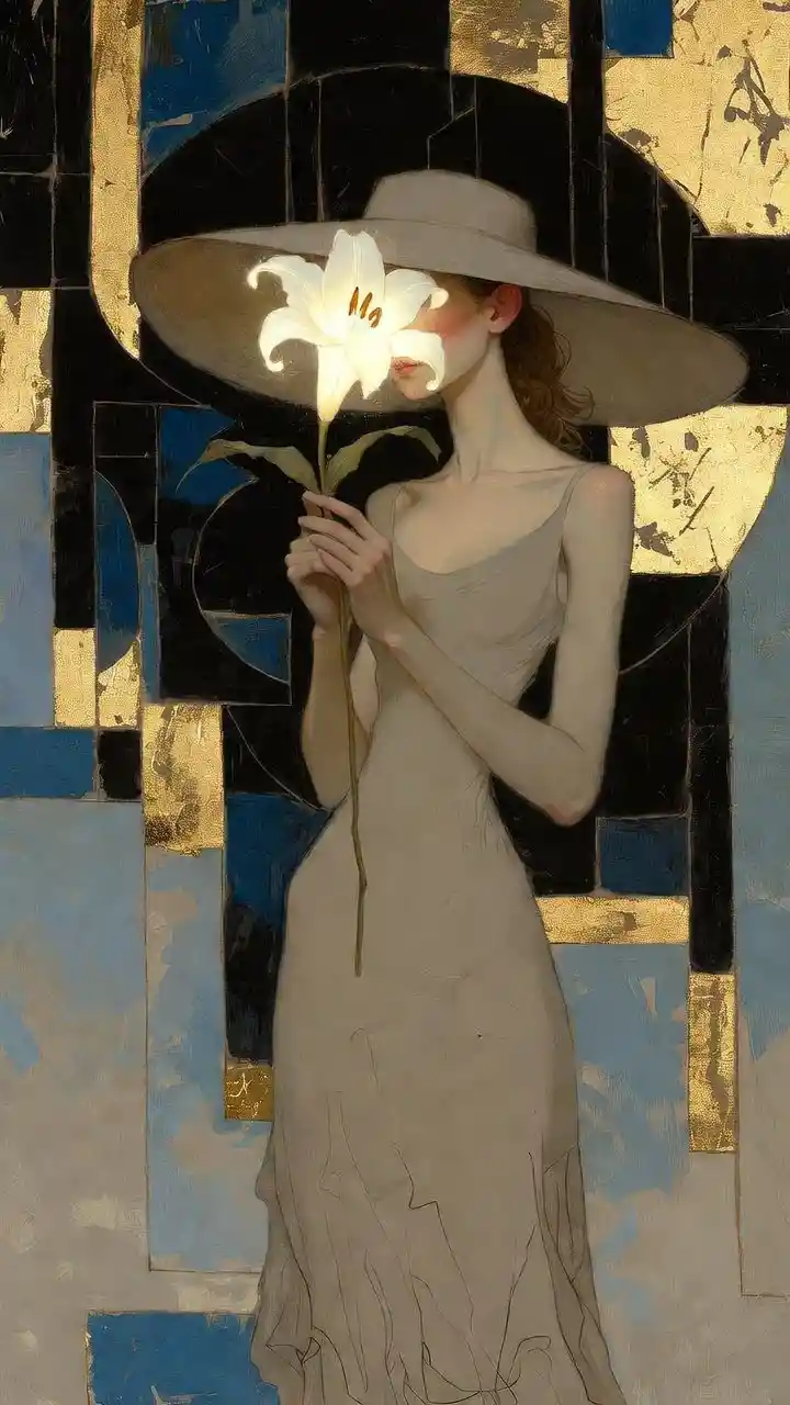 Tall surreal woman with lily and wide brimmed hat