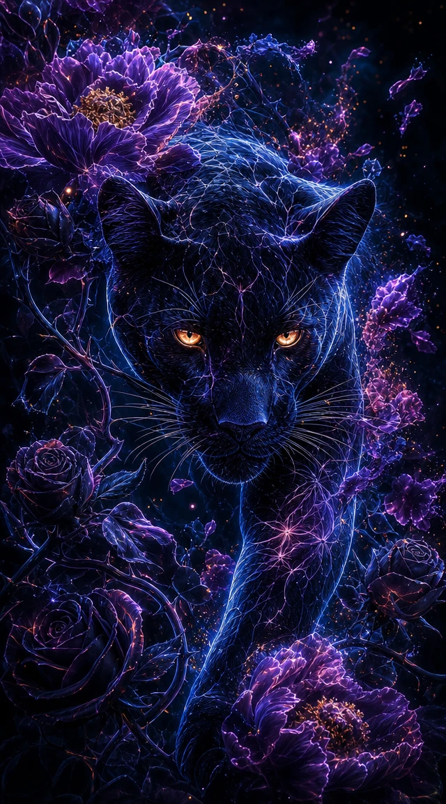 Luminous Black Panther Among Glowing Roses And Peonies
