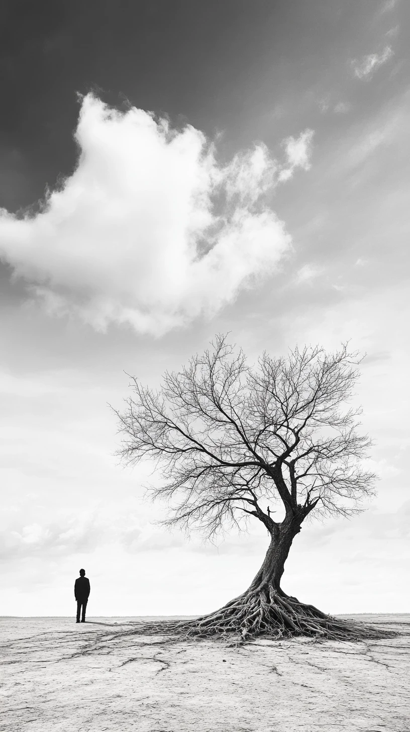 Lone Tree And Distant Figure In Minimalist Monochrome Landscape