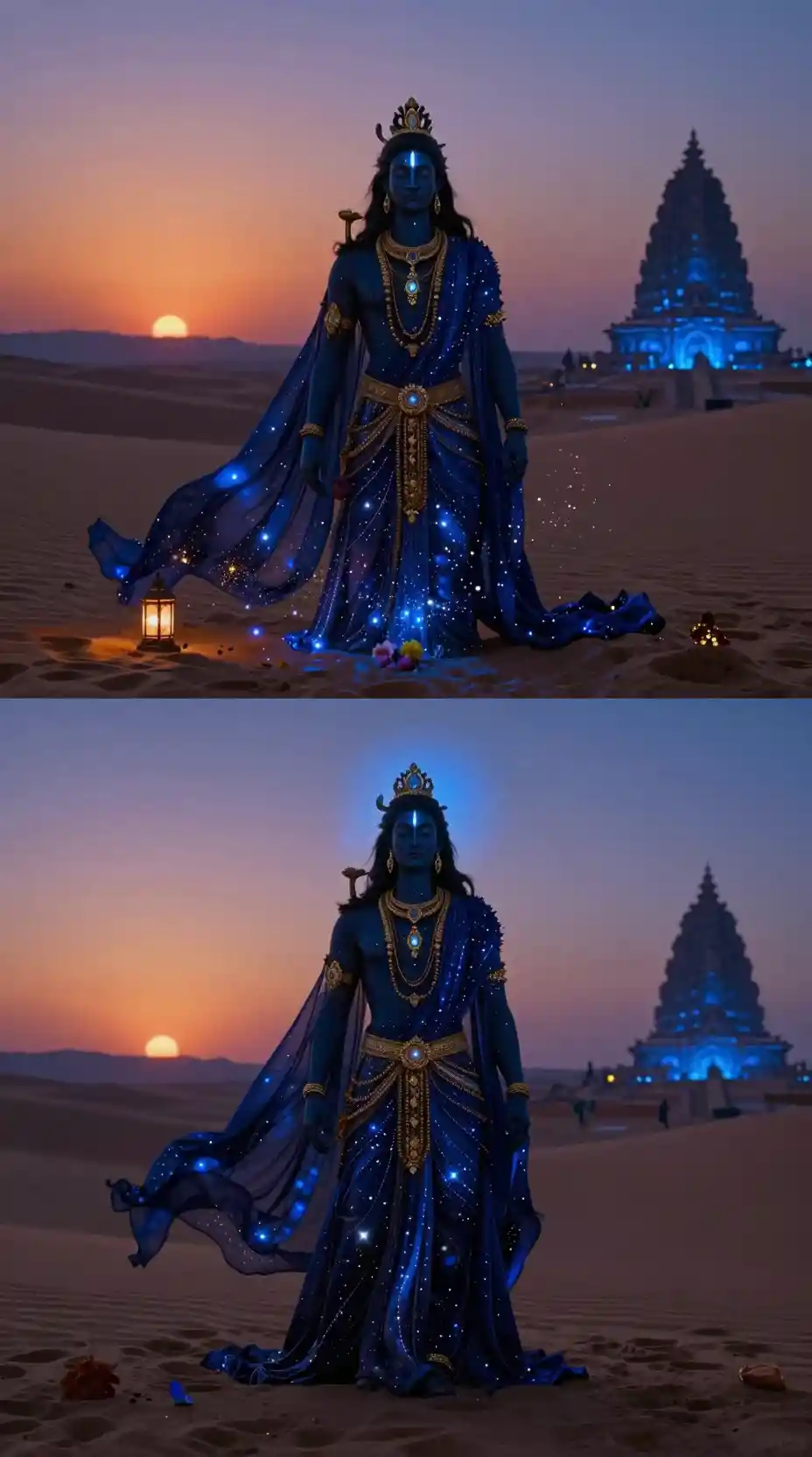 Femme mystique rayonnant au coucher du soleil dans un vaste désert