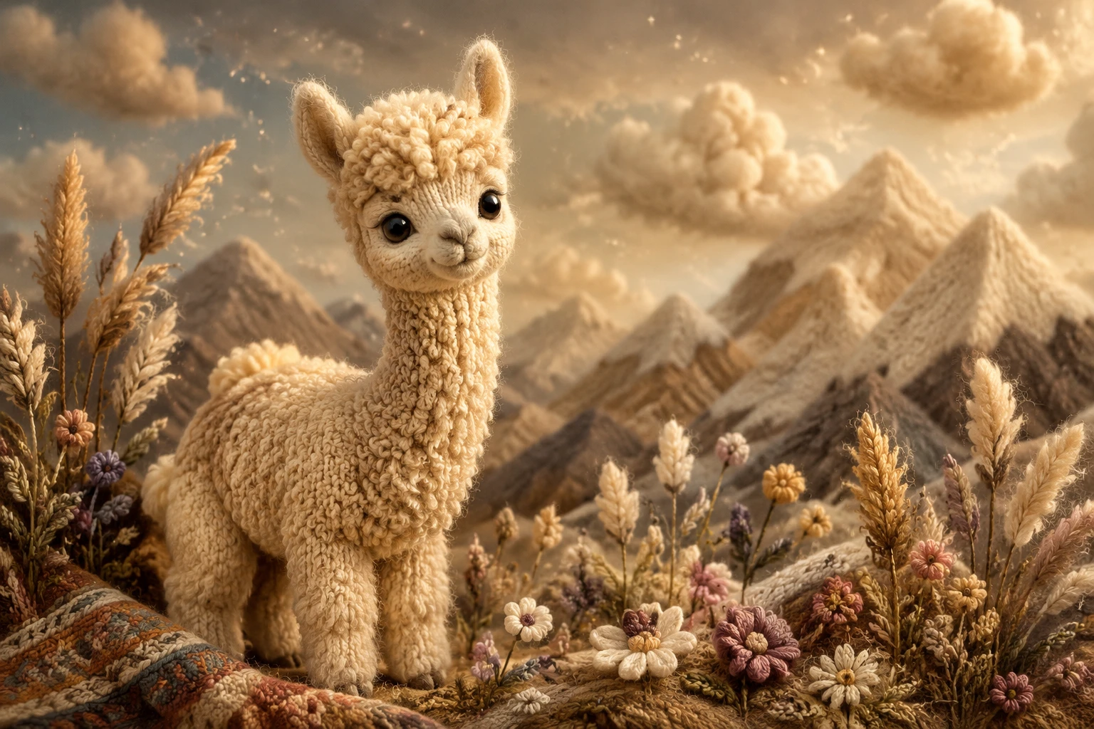 Cute felted baby alpaca with soft wool in mountains