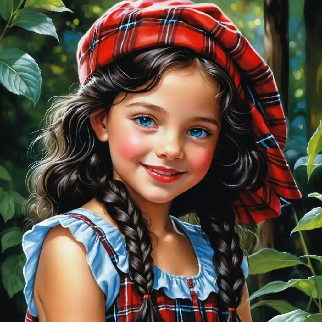 Smiling Girl With Curly Black Hair In Plaid Beret Portrait