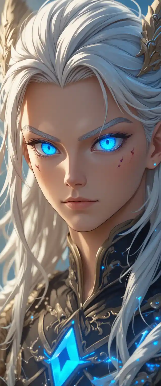 Blue eyed anime man with white tousled hair and pointed ears