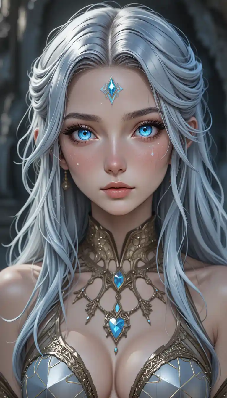 Full body anime girl with silver hair and pale blue eyes