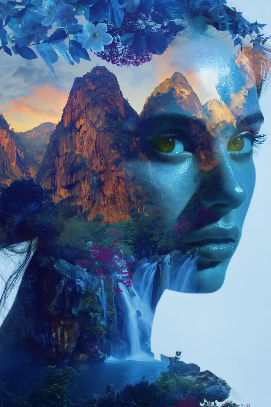 Double exposure mountain and nature spirit portrait painting
