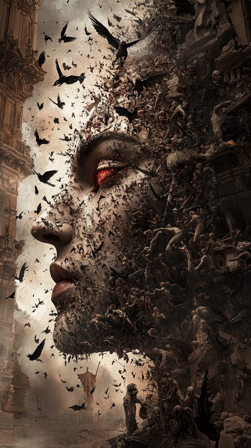 Demonic imps forming a human face in gothic theater