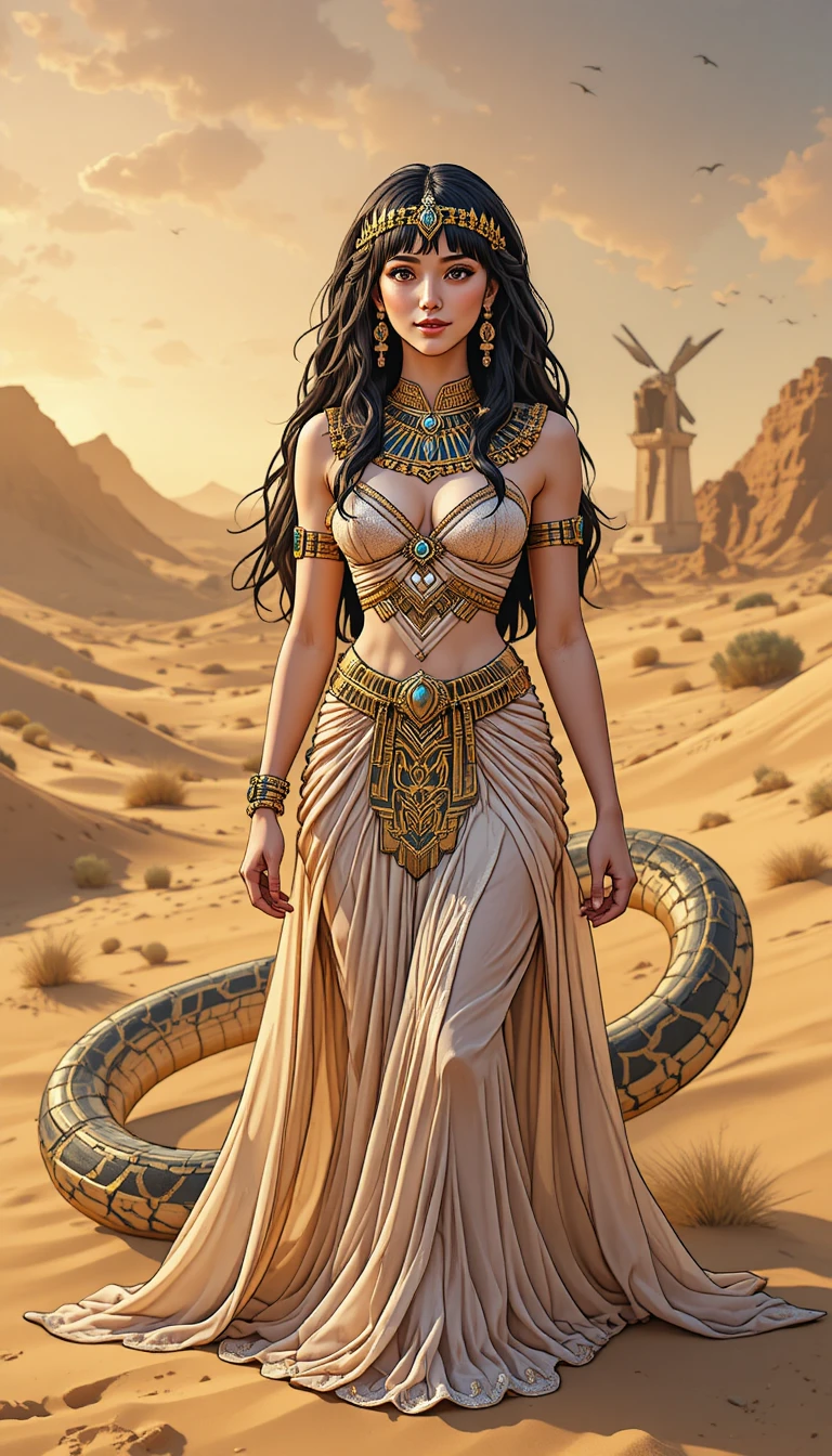 Cléopâtre en style anime souriant dans un vaste désert avec un serpent