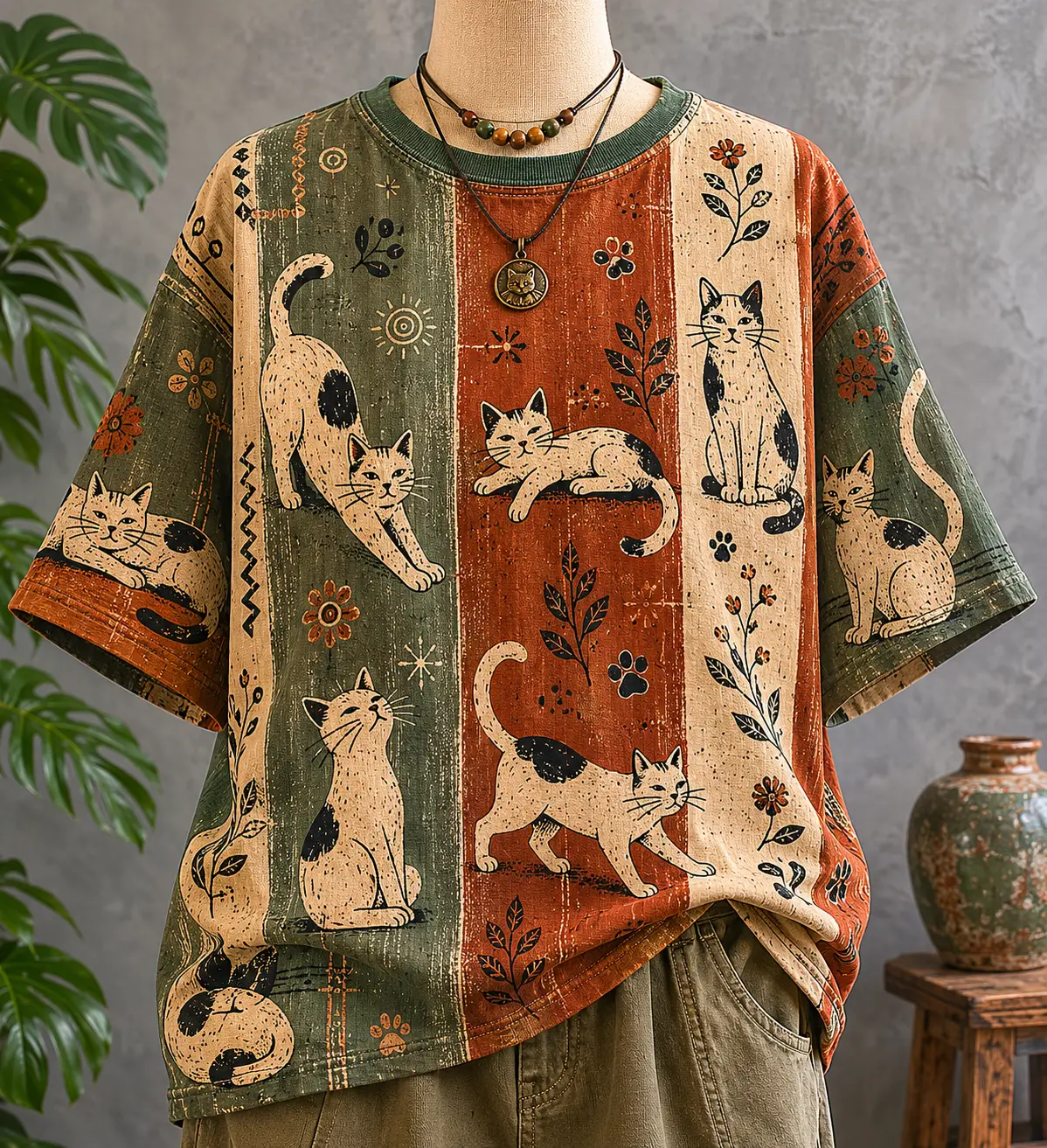 Vintage striped cat print t shirt on studio mannequin