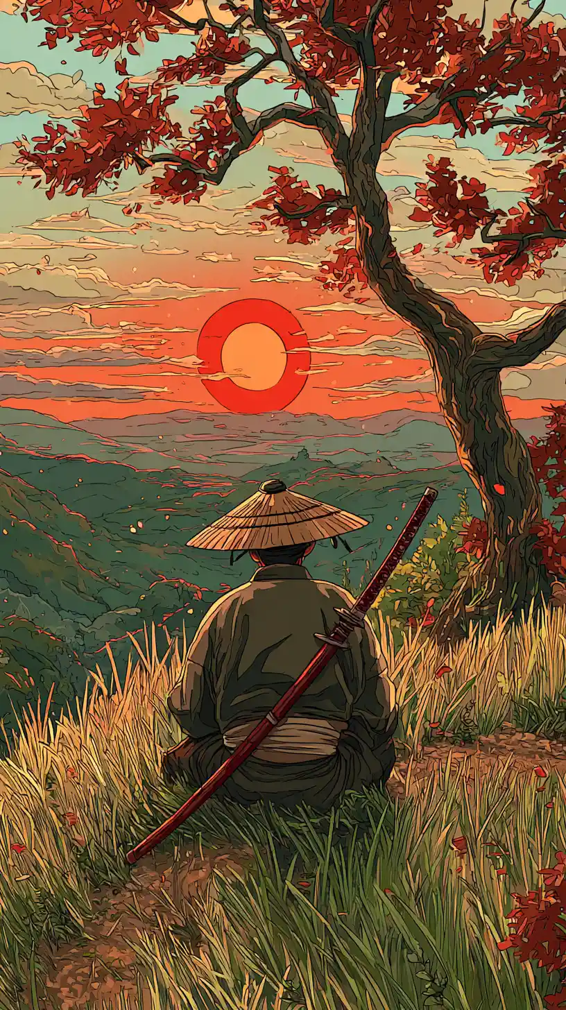 Lone samurai in silhouette on a hillside at sunset