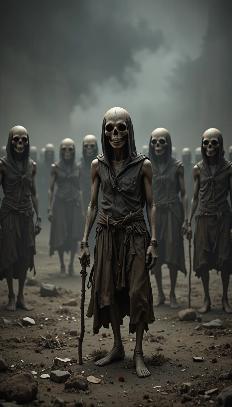 Creepy skeletal figures in a dim barren wasteland