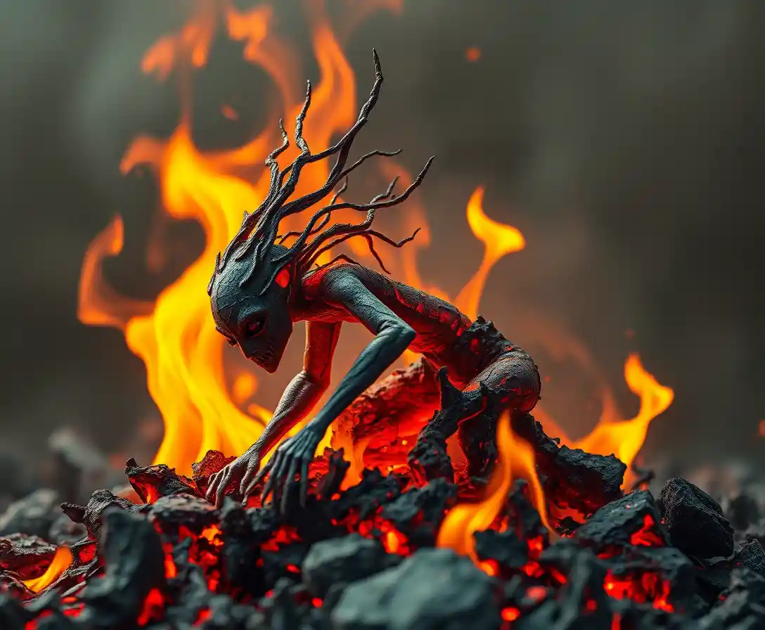 Humanoid figure rising from ashes in surreal burning scene