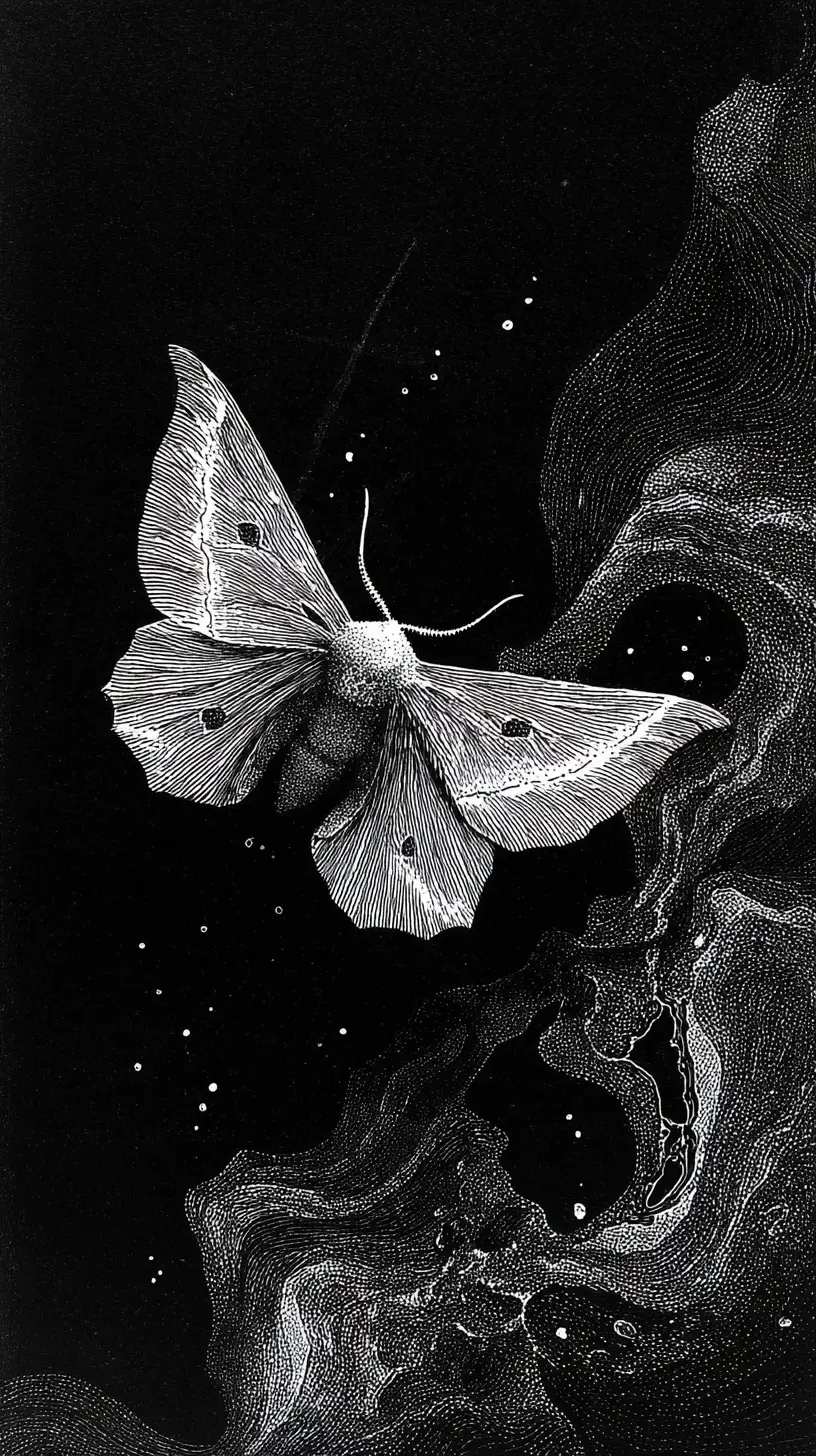 Papillon de nuit à aile florale se dissolvant en abstraction tourbillonnante