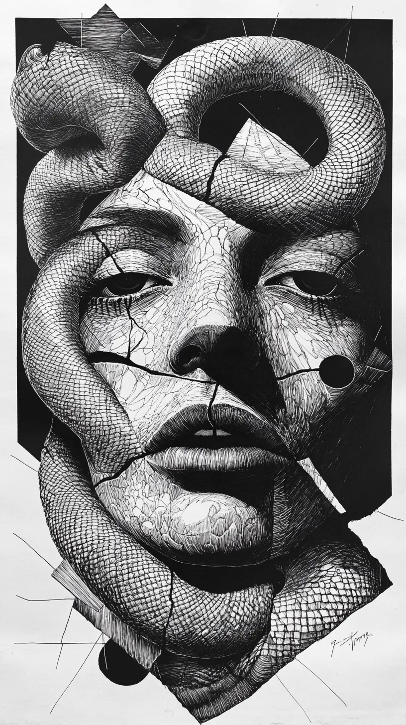 Surreal Human Face Entwined With Coiling Serpent In Ink