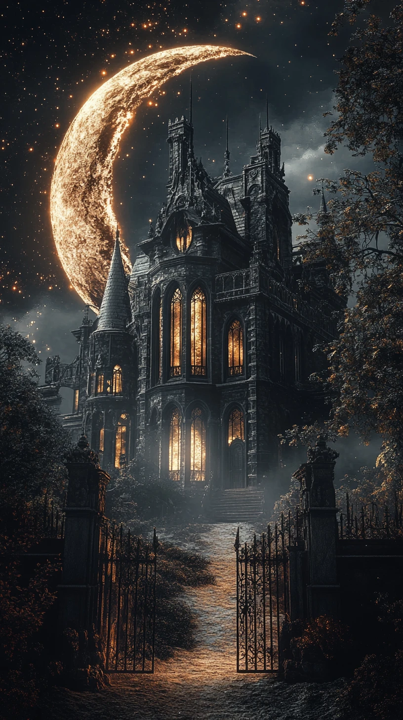 Gothic estate framed within a glowing crescent moon