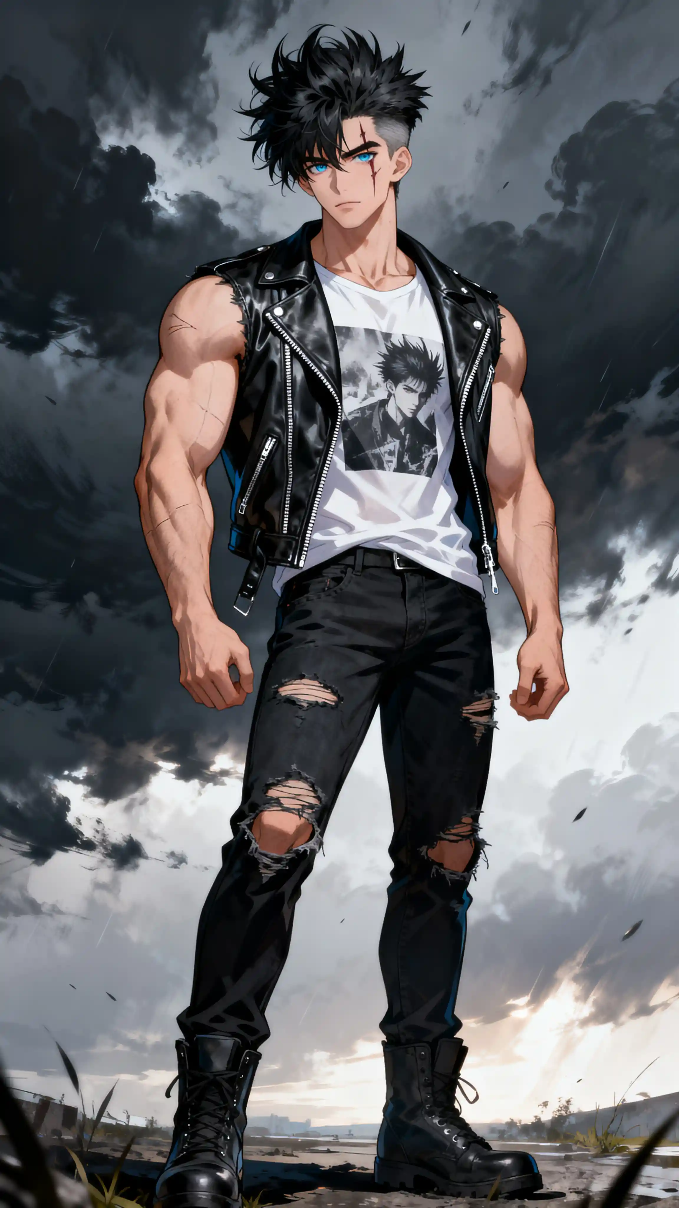 Muscular man with scar standing under stormy dramatic sky