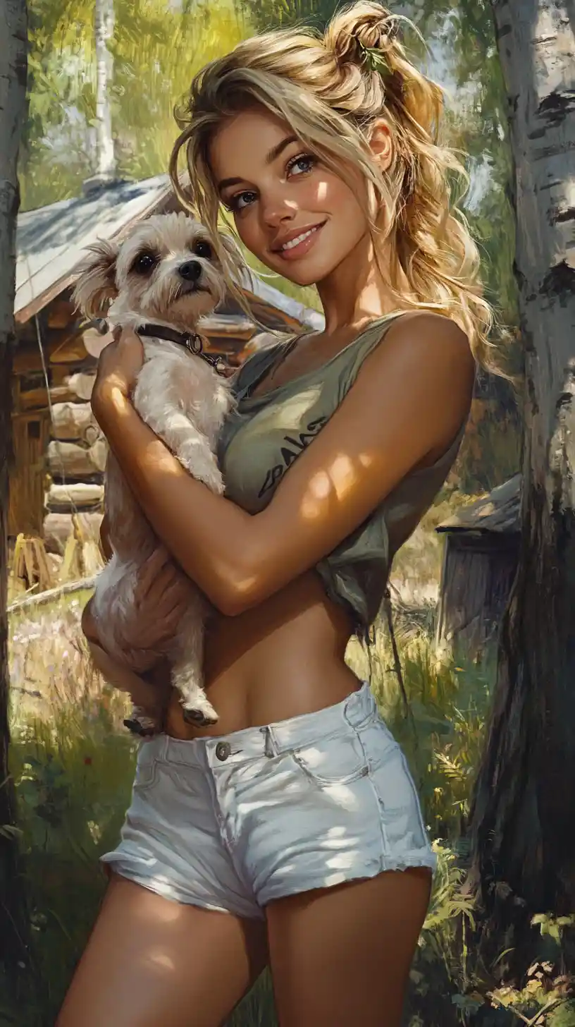 Smiling girl holding a small dog in a summer forest