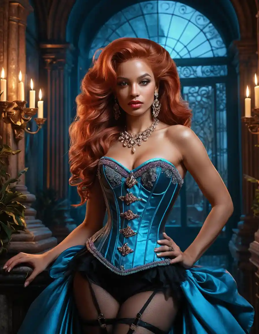 Glamorous redhead in corset posing in fantasy ballroom