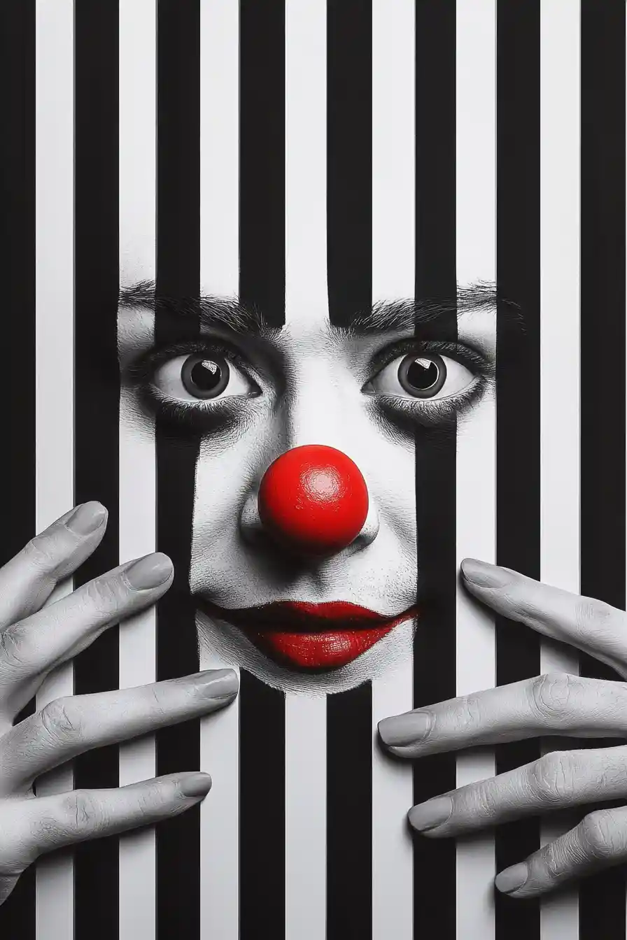 Surrealistisches Clown-Porträt hinter kräftigen Schwarz-Weiß-Streifen
